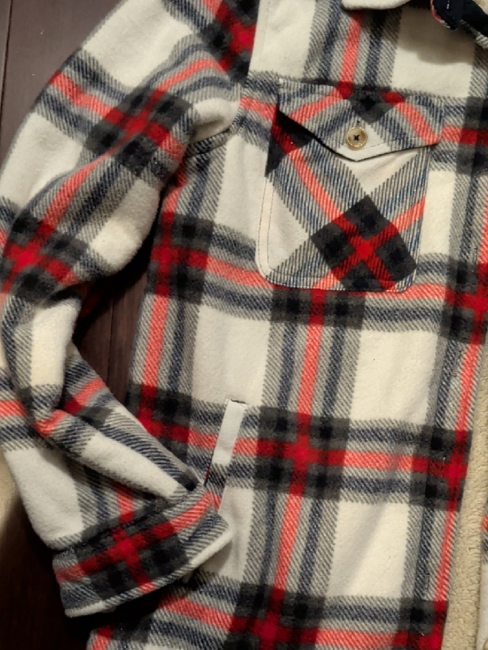 SAGE Cream Black Red Plaid Sherpa-Lined Shirt Jacket - Picture 5 of 8